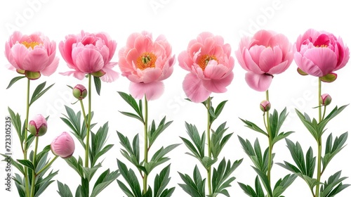  a group of pink flowers sitting next to each other on top of a green plant growing in front of a white background.