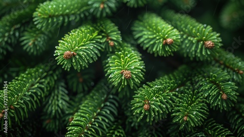  a close up of a pine tree with lots of green needles and small brown dots on the center of the needles.