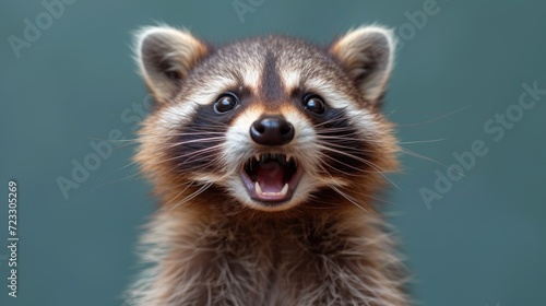  a close up of a raccoon's face with it's mouth open and it's mouth wide open.