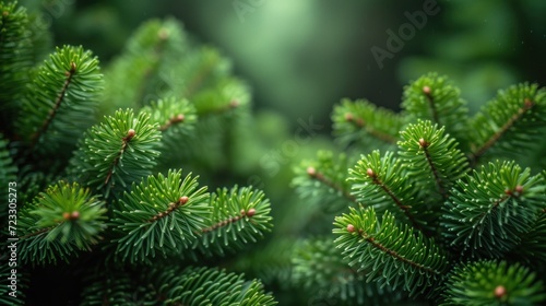  a close up of a pine tree branch with green needles and red tips, with a green blurry background.