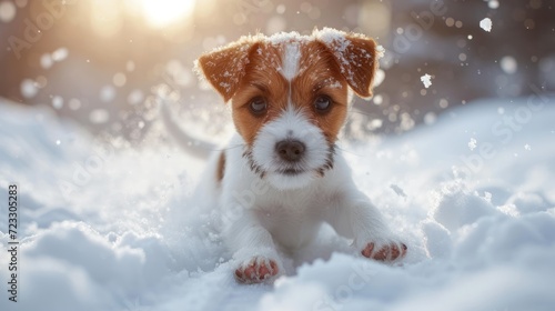  a small brown and white dog laying in a pile of snow on top of a pile of snow covered ground.