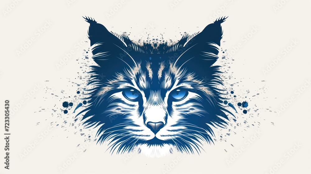  a close up of a cat's face with a blue and white paint splattered on the background.
