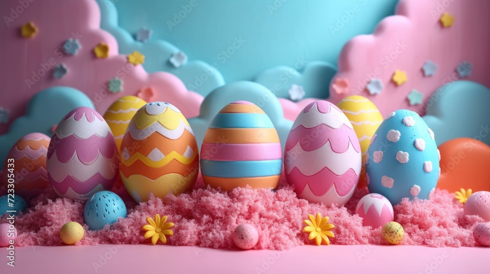  a group of easter eggs sitting on top of a pink table cloth covered in pink and blue sprinkles.