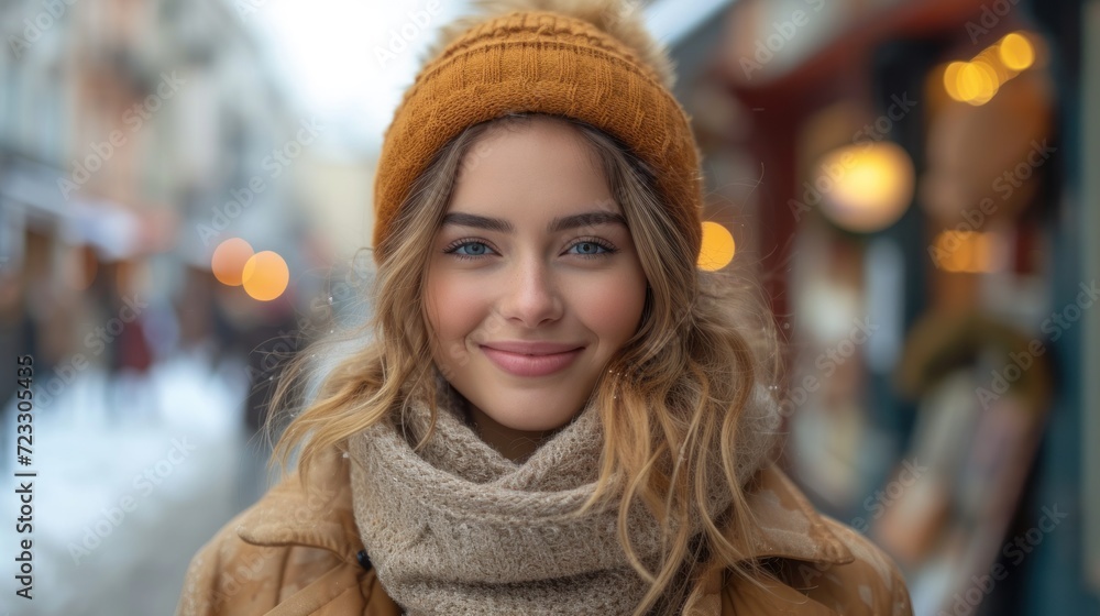 a close up of a person wearing a hat and a scarf and a scarf around her neck and a scarf around her neck. a close up of a person wearing a hat and a scarf and a scarf around her neck and a scarf around her neck.