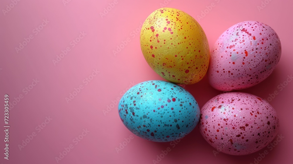  a group of three eggs sitting on top of each other on top of a pink surface next to each other.