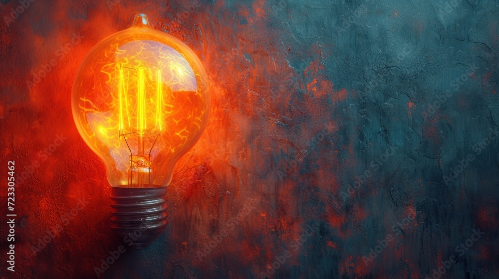 a painting of a lightbulb on a wall with a red and blue background and a black lightbulb with a yellow lightbulb on it. a painting of a lightbulb on a wall with a red and blue background and a black lightbulb with a yellow lightbulb on it.