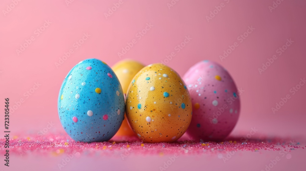  a group of three eggs sitting next to each other on a pink surface with sprinkles on them.