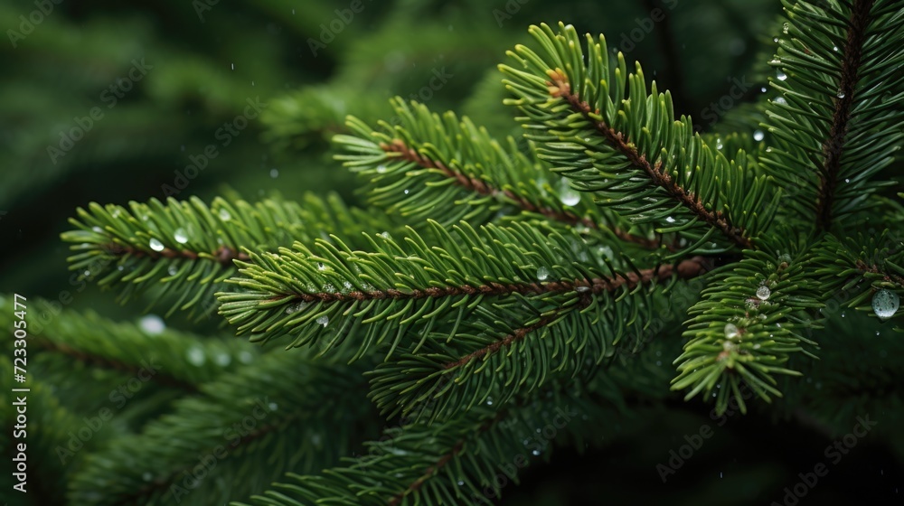 A detailed shot of a pine tree covered in glistening water droplets. Perfect for nature-themed projects and environmental concepts A detailed shot of a pine tree covered in glistening water droplets. Perfect for nature-themed projects and environmental concepts