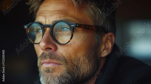  a close up of a man wearing glasses looking off to the side with a serious look on his face and a serious look on his face.