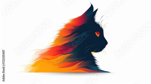  a close up of a cat's face with orange and red flames on the cat's back side.