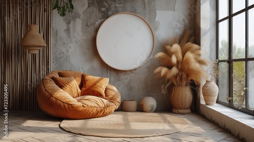  a living room with a round window and a bean bag chair in front of a wall with a round mirror. photo