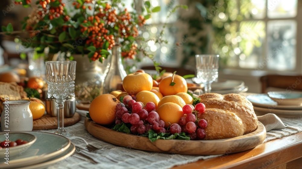 a close up of a plate of fruit on a table with a vase of oranges and croissants on the side of the plate and another plate with croissants on the other side. a close up of a plate of fruit on a table with a vase of oranges and croissants on the side of the plate and another plate with croissants on the other side.