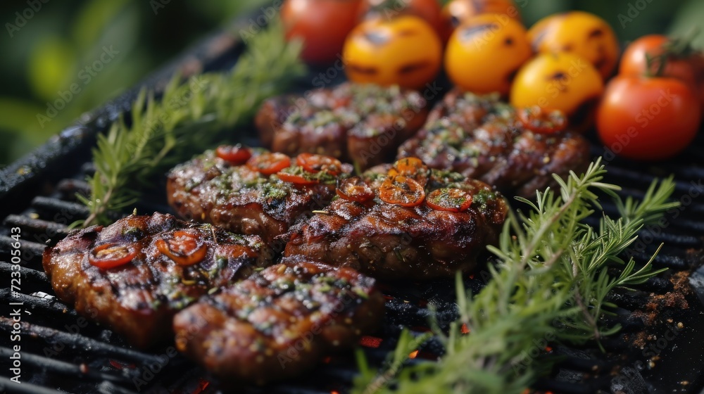  a close up of some meat on a grill with tomatoes and a sprig of rosemary next to it.
