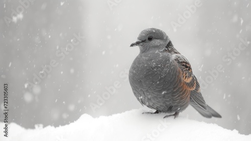  a bird sitting on top of a pile of snow in the middle of a snowy day with trees in the background and snow falling all over the top of it.