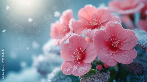  a bunch of pink flowers sitting on top of a pile of snow covered plants in front of a blue sky.