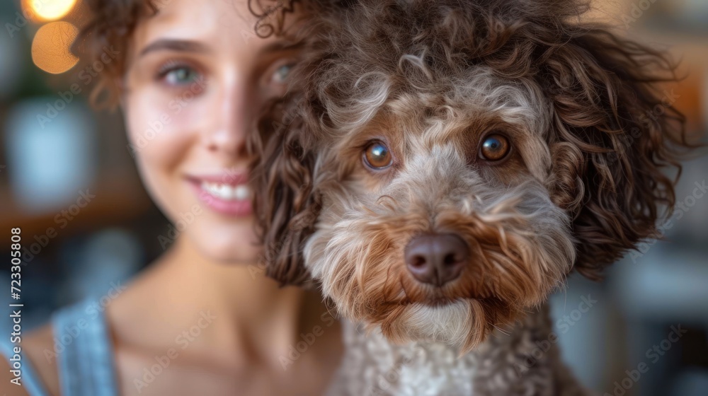 a close up of a person holding a dog in front of a blurry image of a woman's face and a dog with curly hair on her head. a close up of a person holding a dog in front of a blurry image of a woman's face and a dog with curly hair on her head.