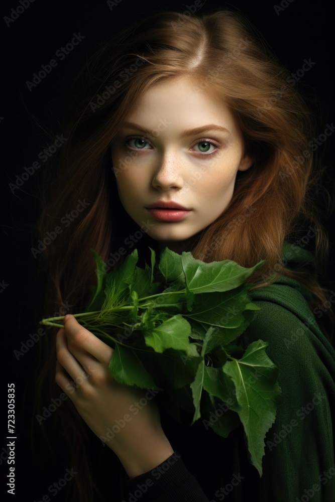 A woman holding a bunch of green leaves. Suitable for nature, gardening, and eco-friendly concepts A woman holding a bunch of green leaves. Suitable for nature, gardening, and eco-friendly concepts