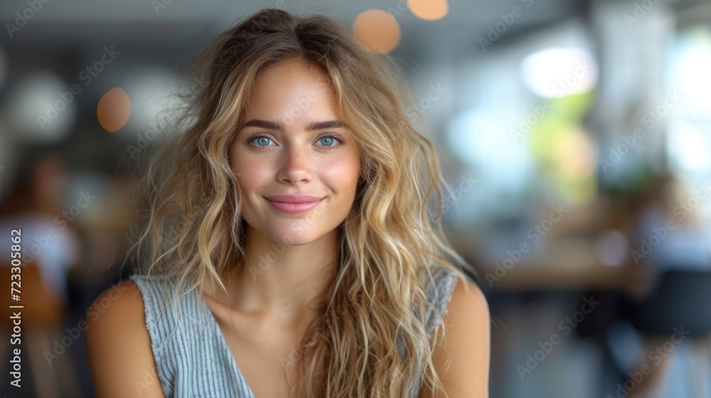 a close up of a person sitting at a table with a plate of food in front of her and a blurry background. a close up of a person sitting at a table with a plate of food in front of her and a blurry background.