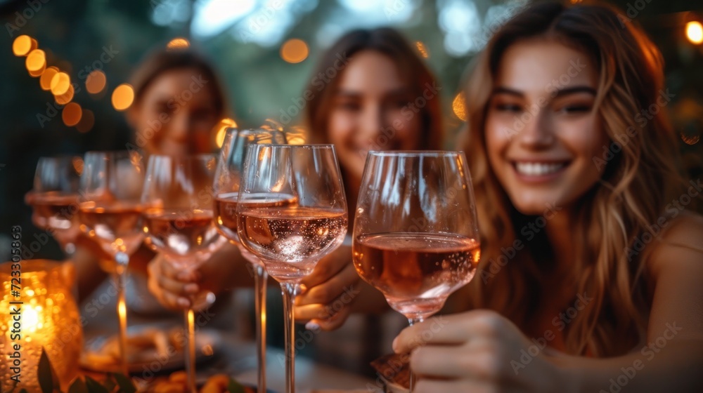 a group of women sitting at a table with wine glasses in front of them and a lit candle in the background. a group of women sitting at a table with wine glasses in front of them and a lit candle in the background.