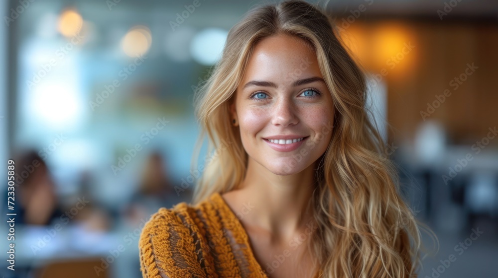a close up of a woman with long blonde hair and blue eyes smiling at the camera with a blurry background of a table and chairs in the foreground. a close up of a woman with long blonde hair and blue eyes smiling at the camera with a blurry background of a table and chairs in the foreground.