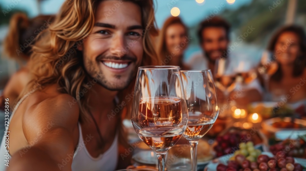  a group of people sitting at a dinner table with wine glasses in front of them and plates of food in front of them.