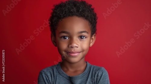  a close up of a young person wearing a gray shirt and smiling at the camera with a red wall in the background.