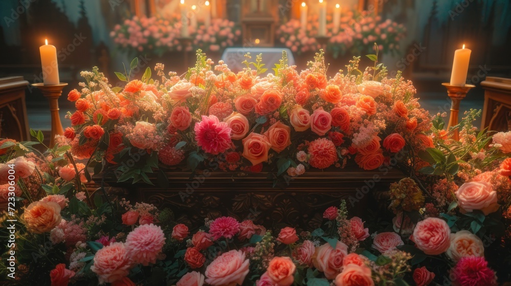 a bunch of flowers on a table with a car in the background with candles on either side of the table.