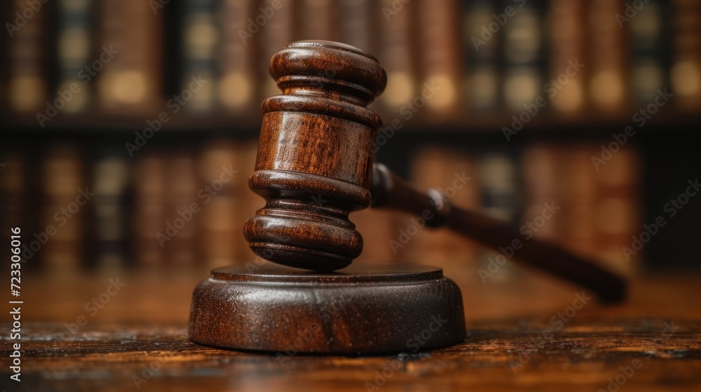 a wooden judge's hammer on top of a wooden table in front of a row of bookcases. a wooden judge's hammer on top of a wooden table in front of a row of bookcases.