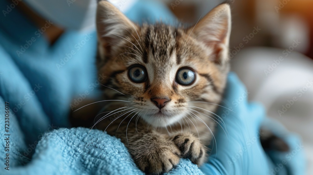  a close up of a kitten on a person's lap with it's paw over the top of the cat's head.