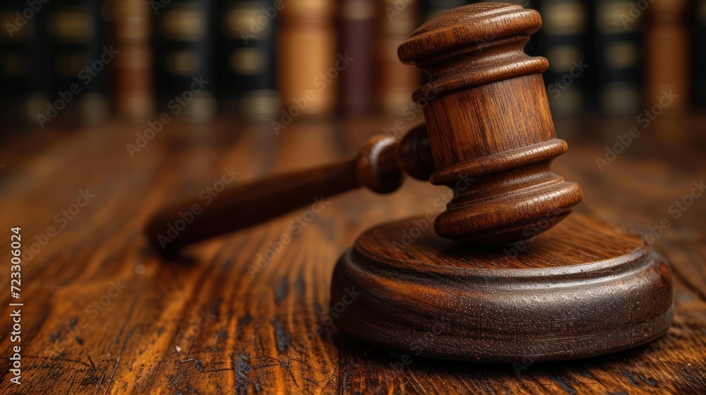 a wooden judge's hammer on top of a wooden table in front of a row of bookcases. a wooden judge's hammer on top of a wooden table in front of a row of bookcases.