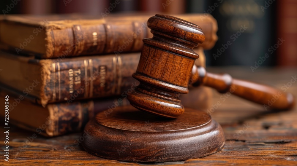 a wooden judge's gaven sitting on top of a wooden table next to a stack of law books. a wooden judge's gaven sitting on top of a wooden table next to a stack of law books.