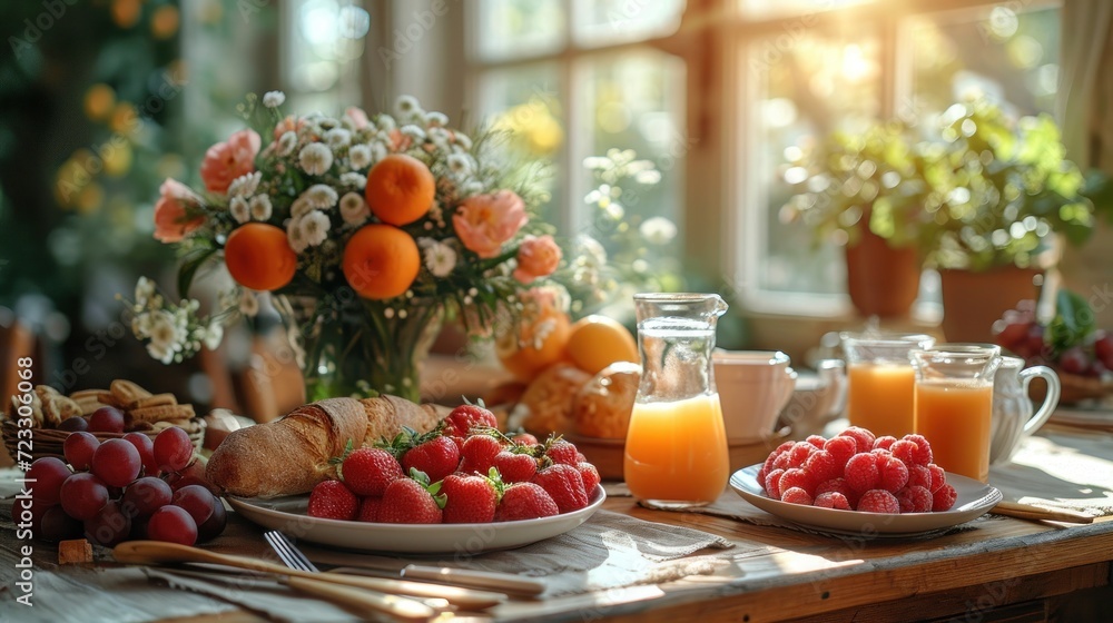 a table topped with a plate of fruit and a bowl of fruit next to a bowl of oranges and a bowl of strawberries and a vase of flowers. a table topped with a plate of fruit and a bowl of fruit next to a bowl of oranges and a bowl of strawberries and a vase of flowers.
