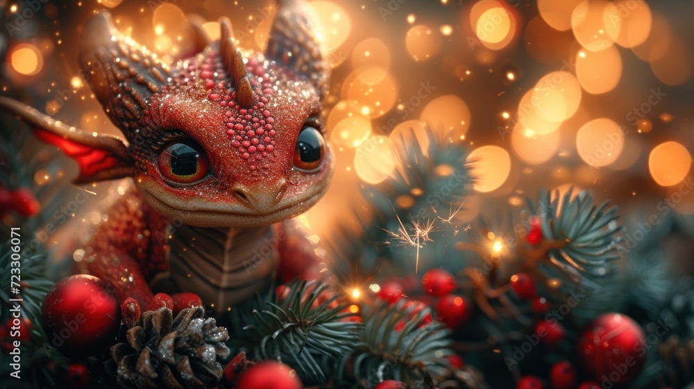 a red dragon sitting on top of a pile of pine cones next to a forest filled with red berries and pine cones. a red dragon sitting on top of a pile of pine cones next to a forest filled with red berries and pine cones.