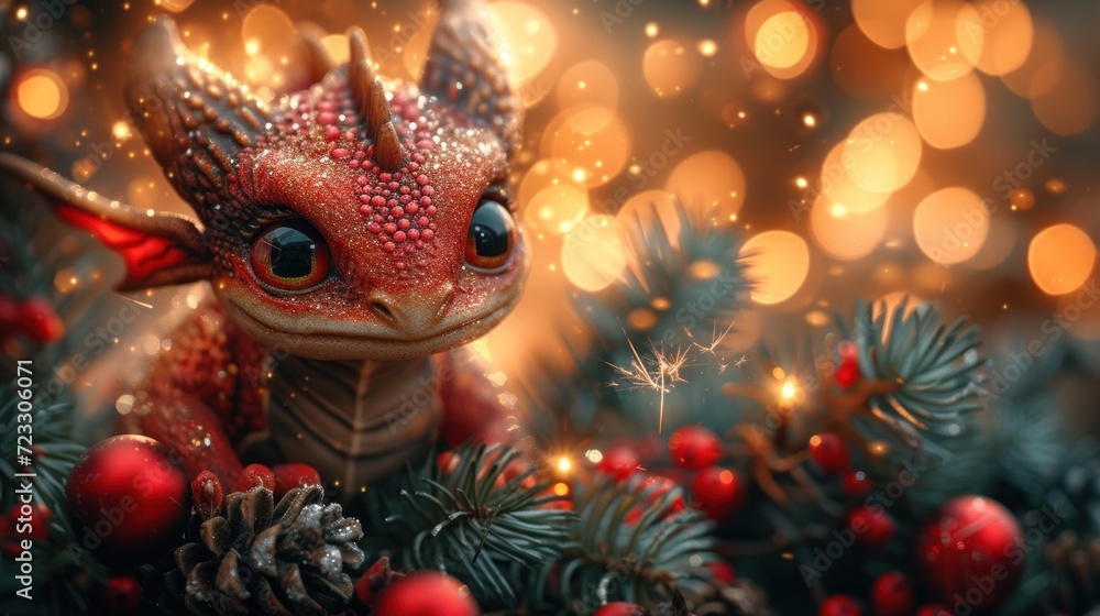  a red dragon sitting on top of a pile of pine cones next to a forest filled with red berries and pine cones.