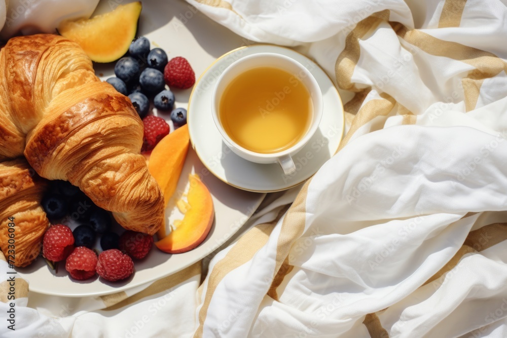 A delicious croissant, fresh fruit, and a warm cup of tea arranged neatly on a bed. Perfect for breakfast in bed or a cozy morning treat. A delicious croissant, fresh fruit, and a warm cup of tea arranged neatly on a bed. Perfect for breakfast in bed or a cozy morning treat.