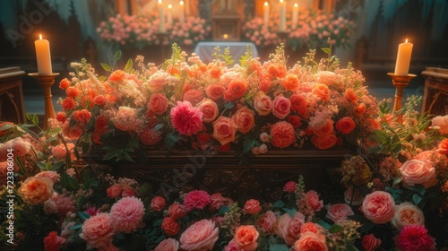  a bunch of flowers on a table with a car in the background with candles on either side of the table.