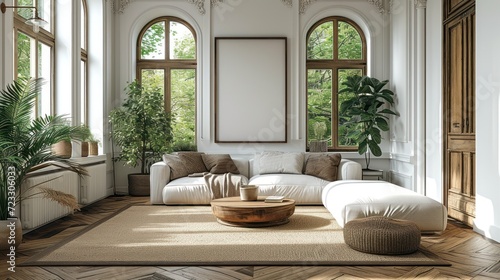  a living room with a lot of windows and a white couch with a wooden coffee table in front of it.