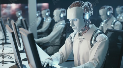 A robot sitting in front of a computer, ready to perform tasks. Suitable for technology and artificial intelligence concepts