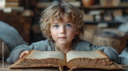  a close up of a child laying on a bed with an open book in front of him and looking at the camera.