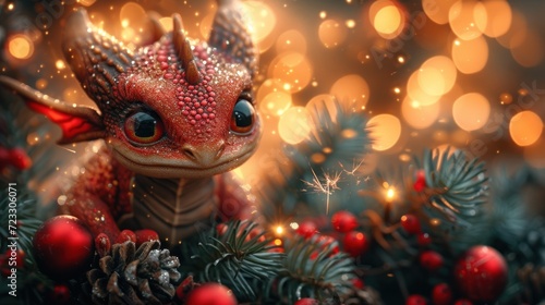  a red dragon sitting on top of a pile of pine cones next to a forest filled with red berries and pine cones.