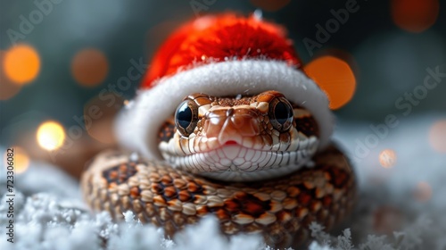  a close up of a snake wearing a santa hat on top of a snow covered ground with lights in the background.