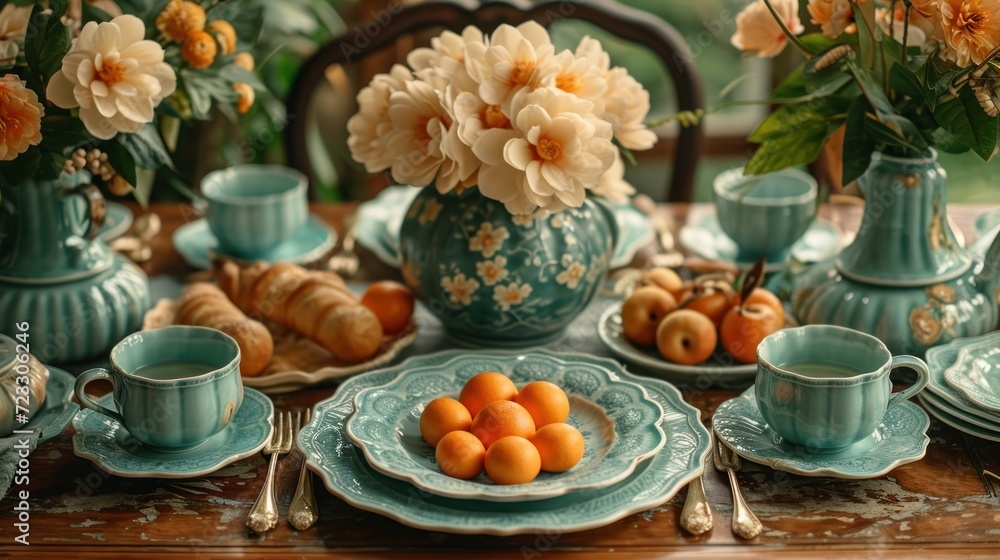  a table topped with a blue vase filled with oranges and a plate filled with oranges next to a vase filled with oranges and a cup filled with oranges.