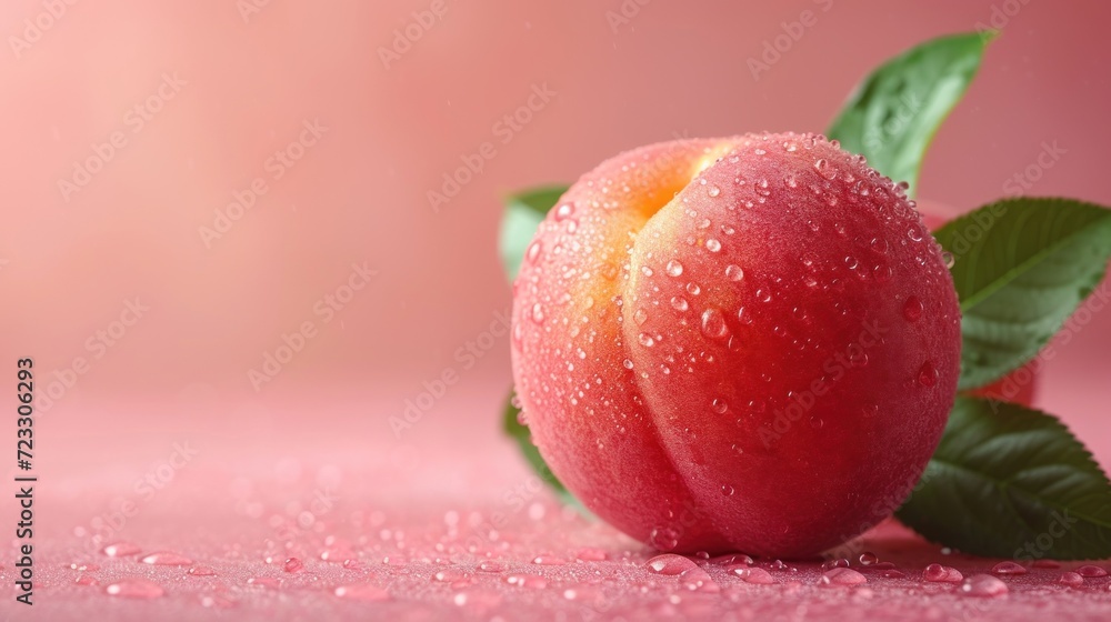 a close up of a peach on a pink surface with drops of water on the surface and a green leaf. a close up of a peach on a pink surface with drops of water on the surface and a green leaf.