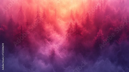  a forest filled with lots of trees covered in pink and purple smoke with a red and orange sky in the background.