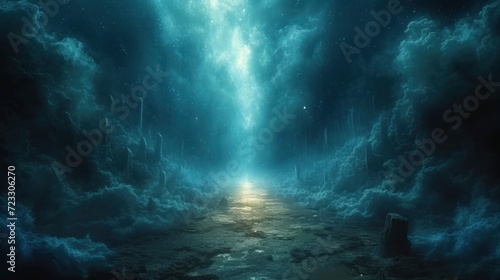  an underwater scene with a bright light at the end of the tunnel and dark clouds at the end of the tunnel.
