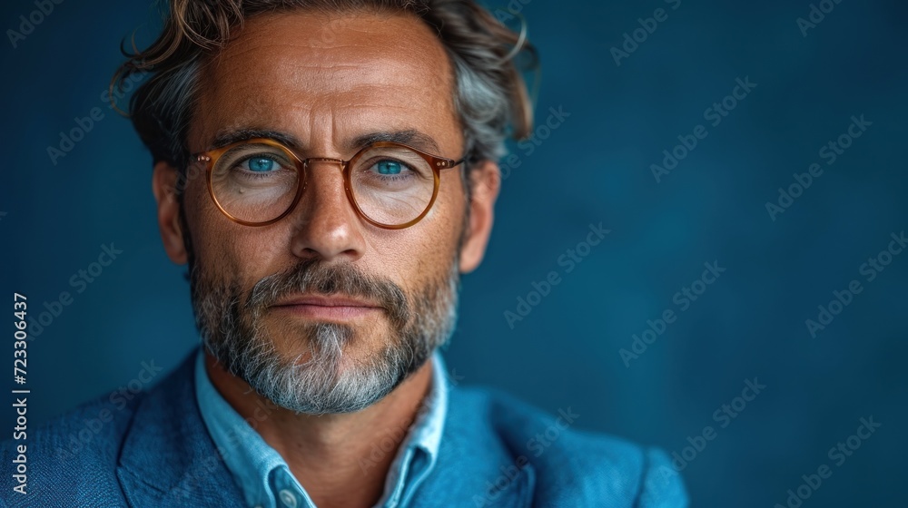 a close up of a person wearing glasses with a blue shirt and a blue blazer and a blue background. a close up of a person wearing glasses with a blue shirt and a blue blazer and a blue background.
