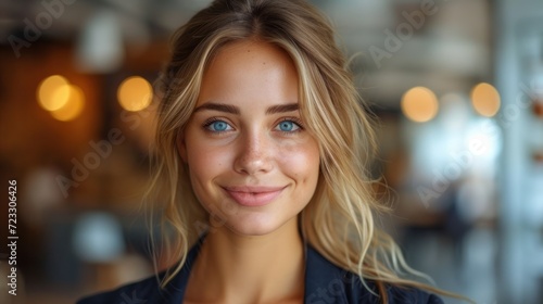  a close up of a woman with blue eyes and blonde hair smiling at the camera with blurry lights in the background.