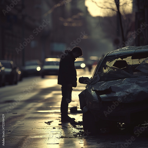 Person experiencing car trouble, standing by their car post-accident