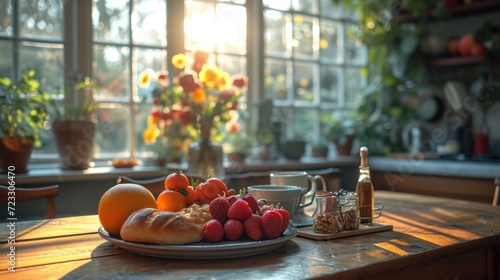  a plate of fruit sitting on top of a wooden table next to a vase of flowers and a cup of coffee on a table next to a plate of fruit. © Nadia