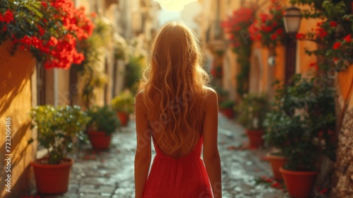  the back of a woman's head as she walks down a cobblestone street with potted plants.